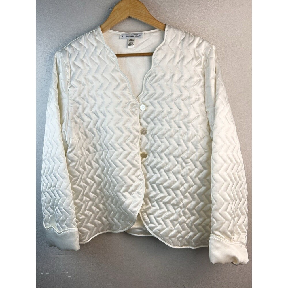 Vtg Oscar de la Renta Quilted Satin Bed Jacket M White Boudoir